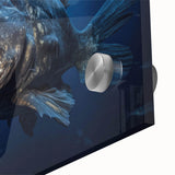 Close-up view of a vibrant marine life wall art collection featuring various colorful fish designs, printed on acrylic glass, perfect for aquatic-themed decor.
