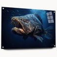 Acrylic glass wall art featuring a vibrant marine life fish design, showcasing colorful fish against a textured background, highlighted with mounting pins for easy display.