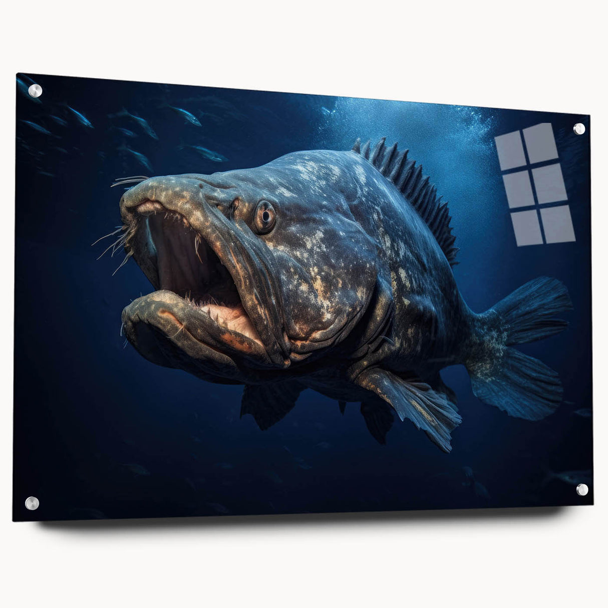 Acrylic glass wall art featuring a vibrant marine life fish design, showcasing colorful fish against a textured background, highlighted with mounting pins for easy display.