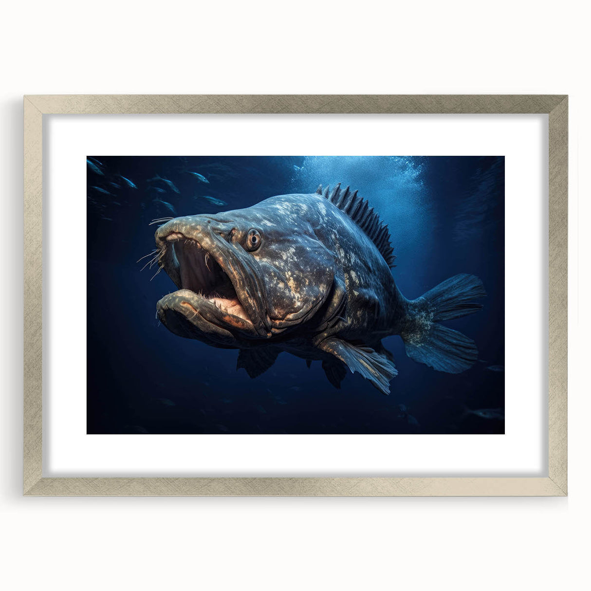 Framed marine life wall art showcasing colorful fish designs with a sleek silver frame and mat, perfect for aquatic-themed home decor. Ideal for ocean lovers.