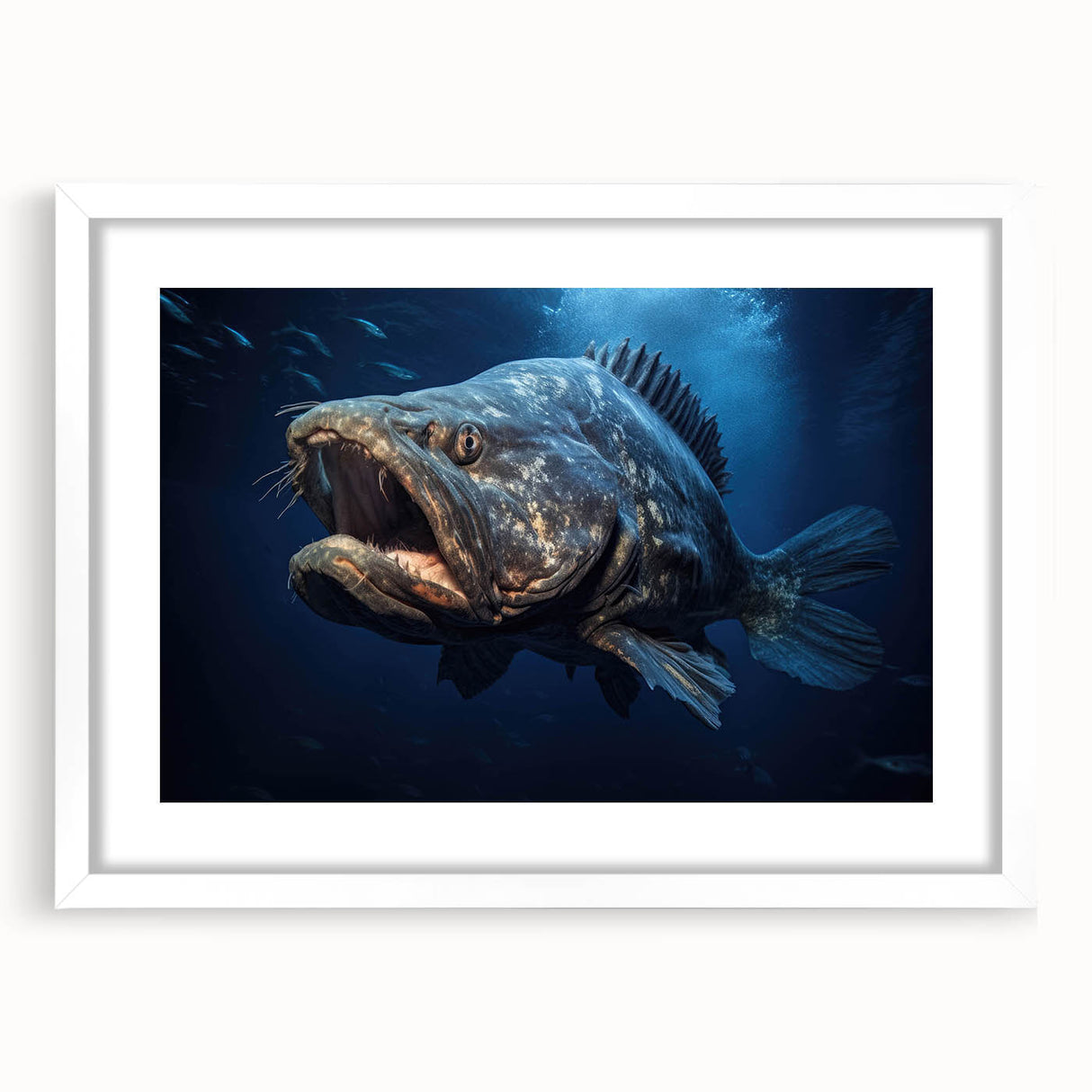 Framed wall art showcasing a vibrant marine life fish design, featuring a white mat and sleek frame, perfect for ocean-themed home decor or aquatic enthusiasts.