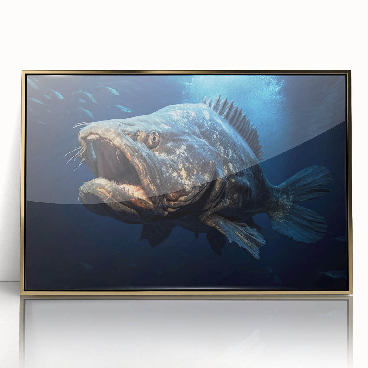 Framed wall art featuring a vibrant marine life fish design with intricate details, set in an elegant gold frame, perfect for enhancing coastal-themed decor.