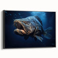 Framed canvas wall art featuring a vibrant marine life fish design, showcasing intricate details and a black frame, perfect for ocean-themed decor.