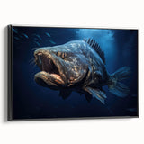 Framed canvas wall art featuring a vibrant marine life fish design, showcasing intricate details and a black frame, perfect for ocean-themed decor.