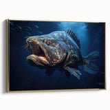 Framed canvas wall art showcasing a vibrant marine life fish design, featuring shades of blue, gold accents, and a modern aesthetic ideal for ocean-themed decor.