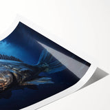 Vibrant wall art print showcasing a colorful marine life fish design, ideal for ocean-themed decor. The rolled print is perfect for framing or display.