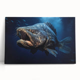 Stretched canvas wall art showcasing a vibrant marine life fish design in blues and greens, perfect for coastal decor, displayed on a wooden surface.