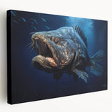 Stretched canvas wall art showcasing a vibrant marine life fish design, featuring colorful aquatic creatures against a deep blue background, ideal for ocean-themed decor.