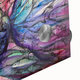 Close-up of a vibrant marine life wall art piece featuring colorful fish designs on acrylic glass, ideal for enhancing coastal-themed decor in homes or offices.