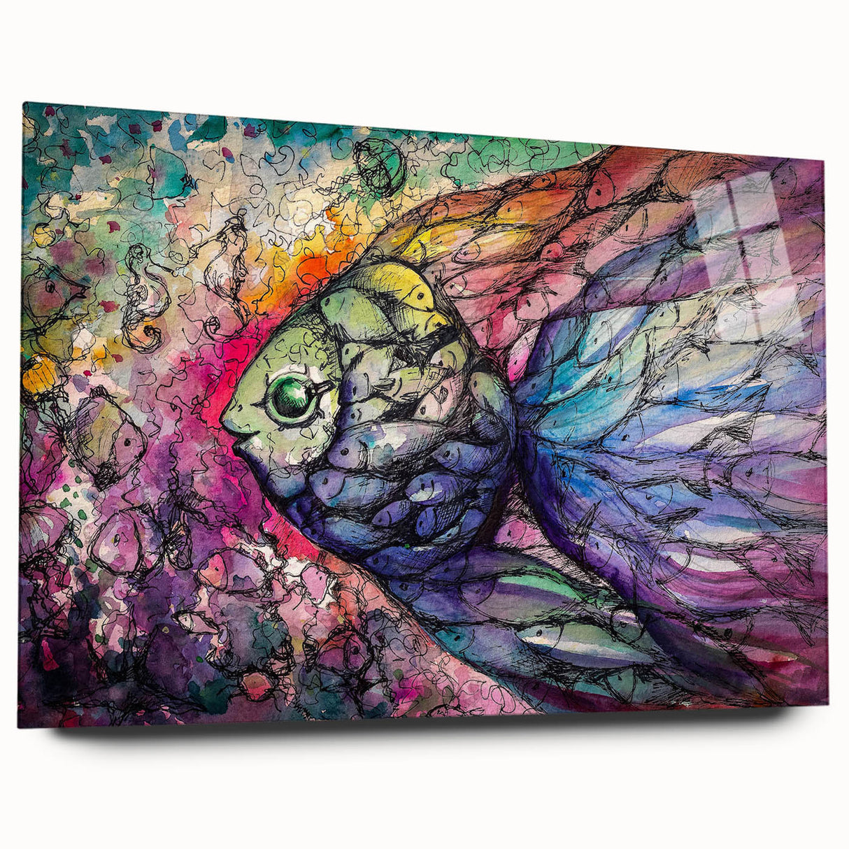 Elegant acrylic glass wall art collection showcasing vibrant marine life fish designs in a side view, highlighting intricate colors and details, perfect for aquatic-themed decor.