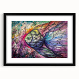 Framed wall art featuring a marine life fish design with vibrant colors, set in a sleek black frame, perfect for ocean-themed decor or aquatic enthusiasts.