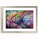 Framed wall art showcasing a vibrant marine life fish design, featuring a silver frame and mat, ideal for enhancing coastal or ocean-themed decor.