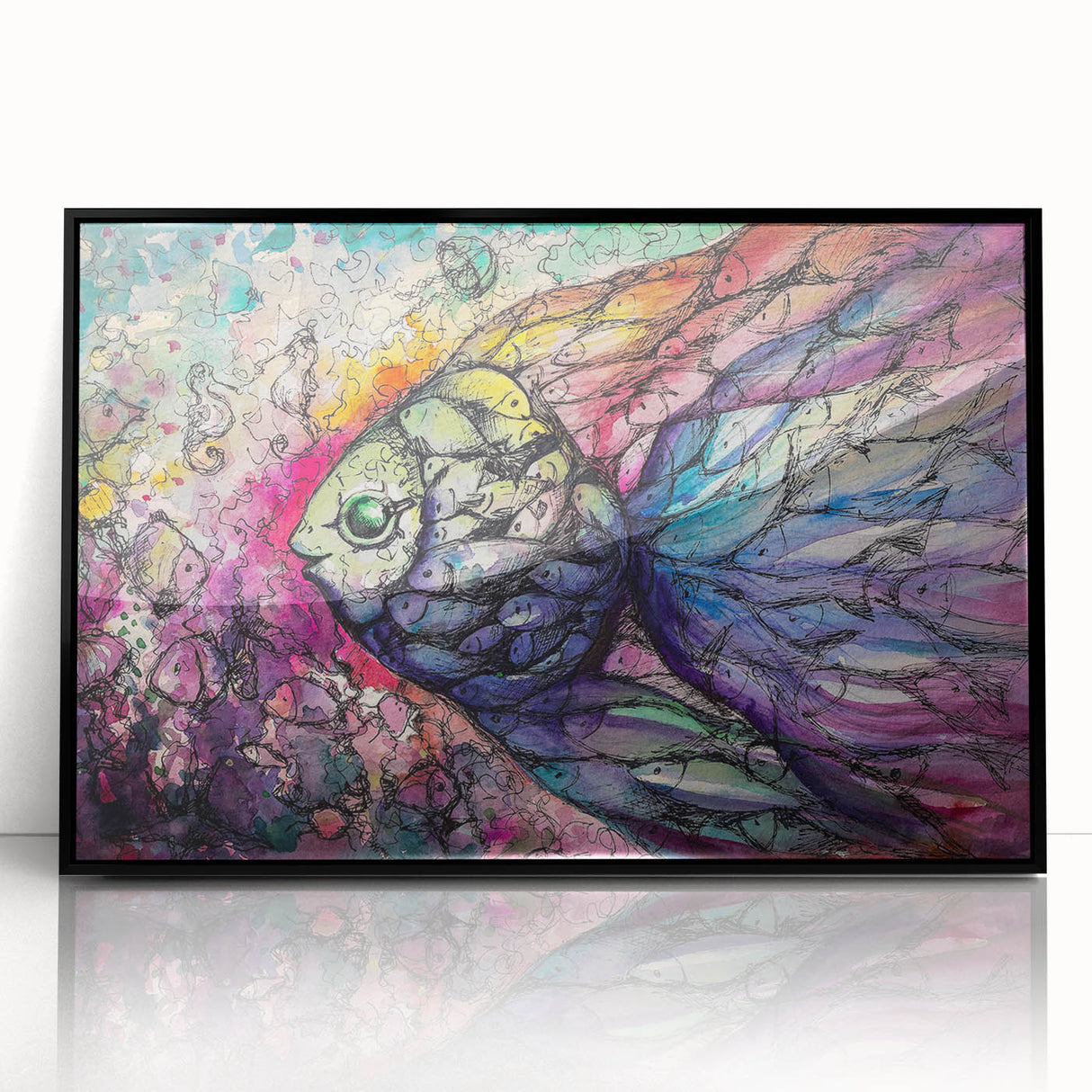 Framed wall art featuring a vibrant marine life fish design in a black acrylic frame, showcasing colorful aquatic creatures against a white background, perfect for ocean-themed decor.