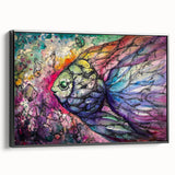 Framed canvas wall art showcasing a vibrant marine life fish design, featuring colorful ocean fish in a black frame, ideal for home decor or aquatic-themed spaces.