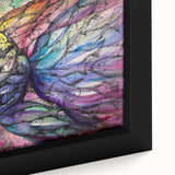 Close-up of a framed canvas wall art piece showcasing vibrant marine life fish designs in rich colors, perfect for ocean-themed decor or aquatic enthusiasts.