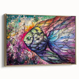 Framed canvas wall art showcasing a vibrant marine life fish design with gold accents, offering a stylish side view perfect for ocean-themed decor.