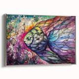Framed wall art featuring a vibrant marine life fish design, showcasing colorful aquatic species against a silver background, ideal for ocean-themed decor in living spaces.