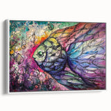 Framed canvas wall art showcasing vibrant marine life fish design, set against a white background, perfect for ocean-themed decor and enhancing interior aesthetics.