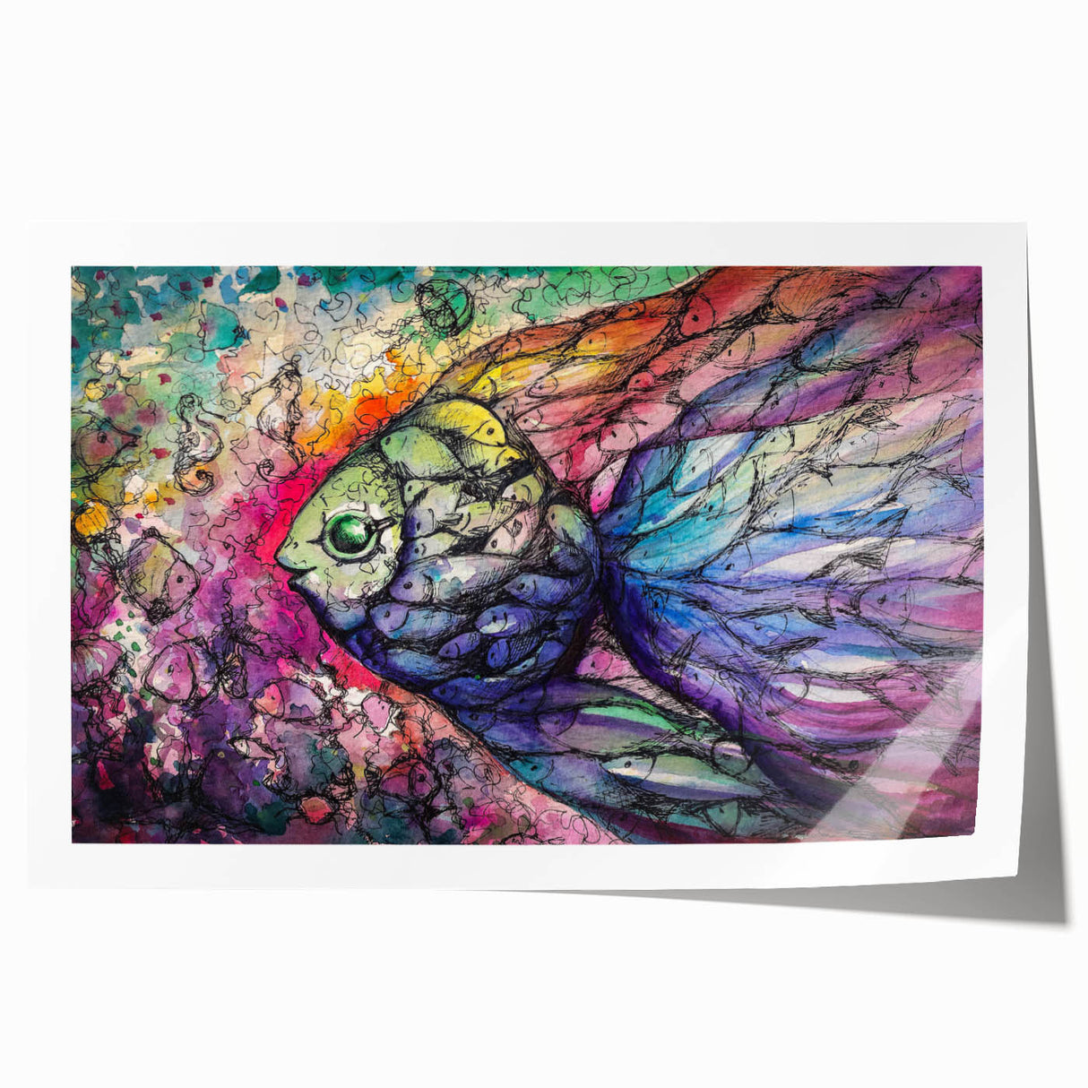 Vibrant marine life wall art print showcasing a variety of colorful fish and aquatic plants, rolled and ready for framing, perfect for ocean-themed decor.