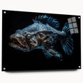 Colorful marine life wall art design featuring various fish species, printed on acrylic glass with a side view display, showcasing intricate details and vibrant colors. Perfect for ocean-themed decor or marine enthusiasts.