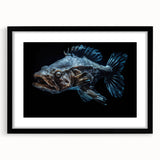 Framed wall art featuring a vibrant marine life fish design in a black frame with a mat, showcasing colorful ocean fish against a blue background, ideal for enhancing coastal decor.