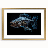 Framed wall art collection showcasing a vibrant marine life fish design in gold, featuring a mat for added elegance, perfect for ocean-themed decor.