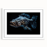 Wall art featuring a vibrant marine life fish design in a white frame with a mat, showcasing colorful ocean fish and aquatic elements, perfect for home decor.