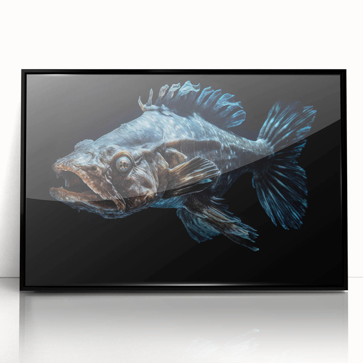 Framed wall art piece showcasing a vibrant marine life fish design with a sleek black frame, perfect for ocean-themed decor in homes or businesses.