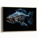 Framed canvas wall art showcasing a vibrant marine life fish design with rich blue and gold hues, perfect for ocean-themed decor. Ideal for enhancing living spaces.