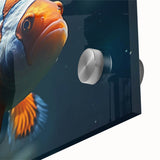 Close-up of vibrant marine life wall art featuring a detailed fish design, printed on acrylic glass, showcasing vivid colors and intricate patterns perfect for ocean-themed decor.