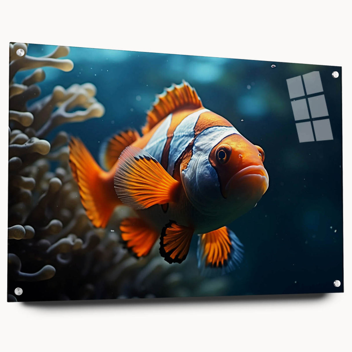 Colorful marine life fish design showcased in an acrylic glass wall art piece, featuring vibrant hues and intricate details, ideal for ocean-themed decor.