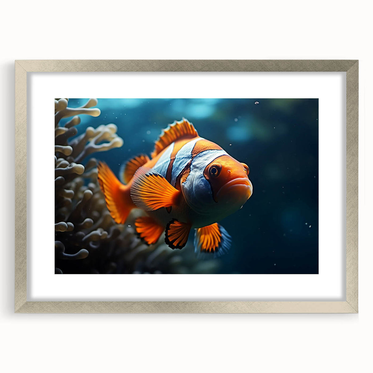 Framed marine life wall art collection featuring vibrant fish designs in silver frame with matting, perfect for enhancing ocean-themed decor.