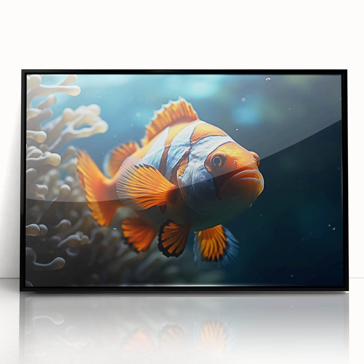 Framed wall art showcasing a vibrant marine life fish design, featuring intricate details and bright colors on an acrylic surface, ideal for ocean-themed decor.