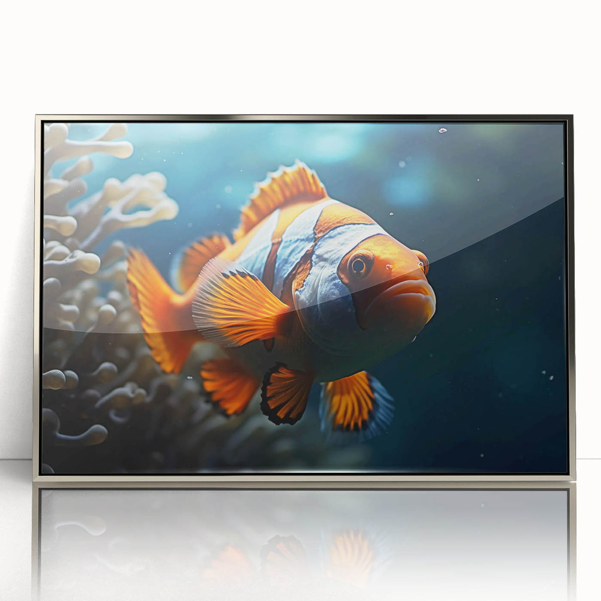 Framed acrylic wall art featuring a vibrant marine life fish design, showcasing colorful aquatic species against a sleek silver backdrop, ideal for ocean-themed decor.