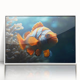 Framed wall art featuring a vibrant marine life fish design in shades of blue and green, set against a sleek white background, ideal for ocean-themed decor.