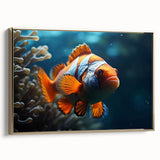 Framed canvas wall art showcasing a vibrant marine life fish design with gold accents, perfect for ocean-themed decor in living spaces or offices.