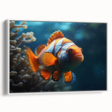 Framed wall art featuring a vibrant marine life fish design on canvas, showcasing colorful aquatic species against a white background, ideal for ocean-themed decor.
