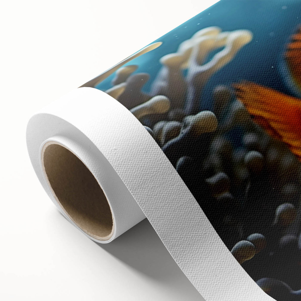 Vibrant rolled canvas wall art showcasing a colorful marine life fish design, featuring intricate details and textures, perfect for ocean-themed decor.