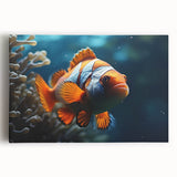 Vibrant stretched canvas wall art featuring a colorful marine life fish design, perfect for ocean-themed decor, showcasing intricate details of various fish species against a serene blue background.