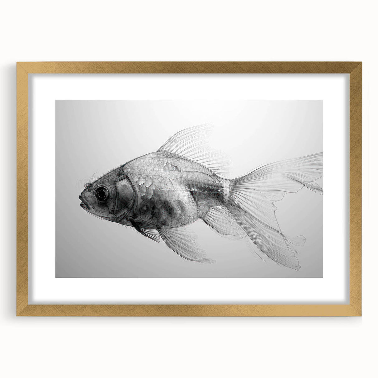 Framed wall art featuring a vibrant marine life fish design with gold accents, elegantly displayed with a mat, perfect for ocean-themed decor.