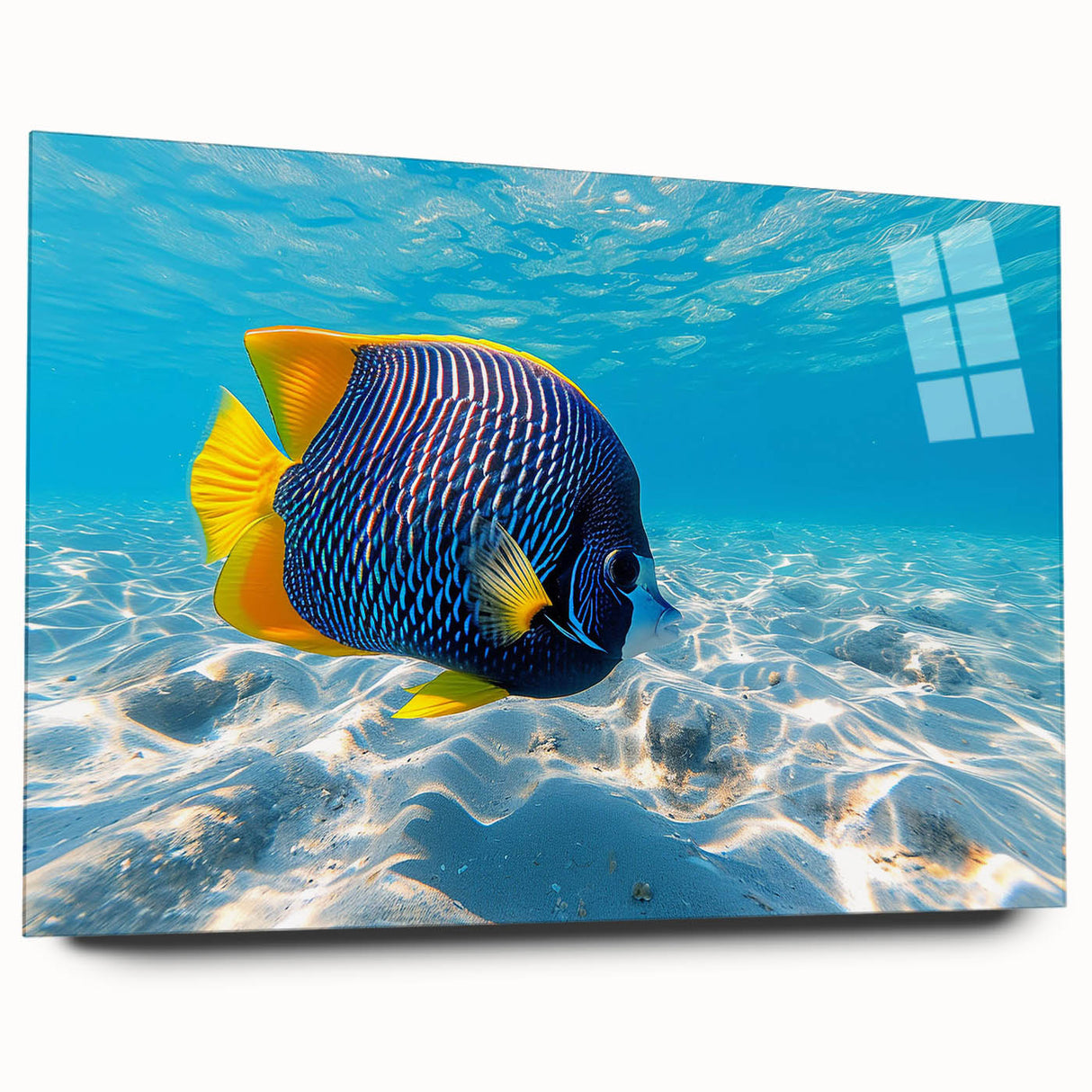 Vibrant acrylic glass wall art showcasing a marine life fish design, featuring colorful aquatic species against a serene blue background, ideal for ocean-themed decor.