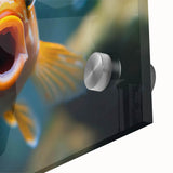 Close-up of vibrant marine life wall art featuring an array of colorful fish and coral designs, printed on durable acrylic glass for deep visual impact.