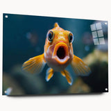 Acrylic wall art featuring a vibrant marine life fish design, showcasing colorful aquatic creatures and detailed textures, displayed in a side view with clear pins for mounting. Perfect for ocean-themed decor.