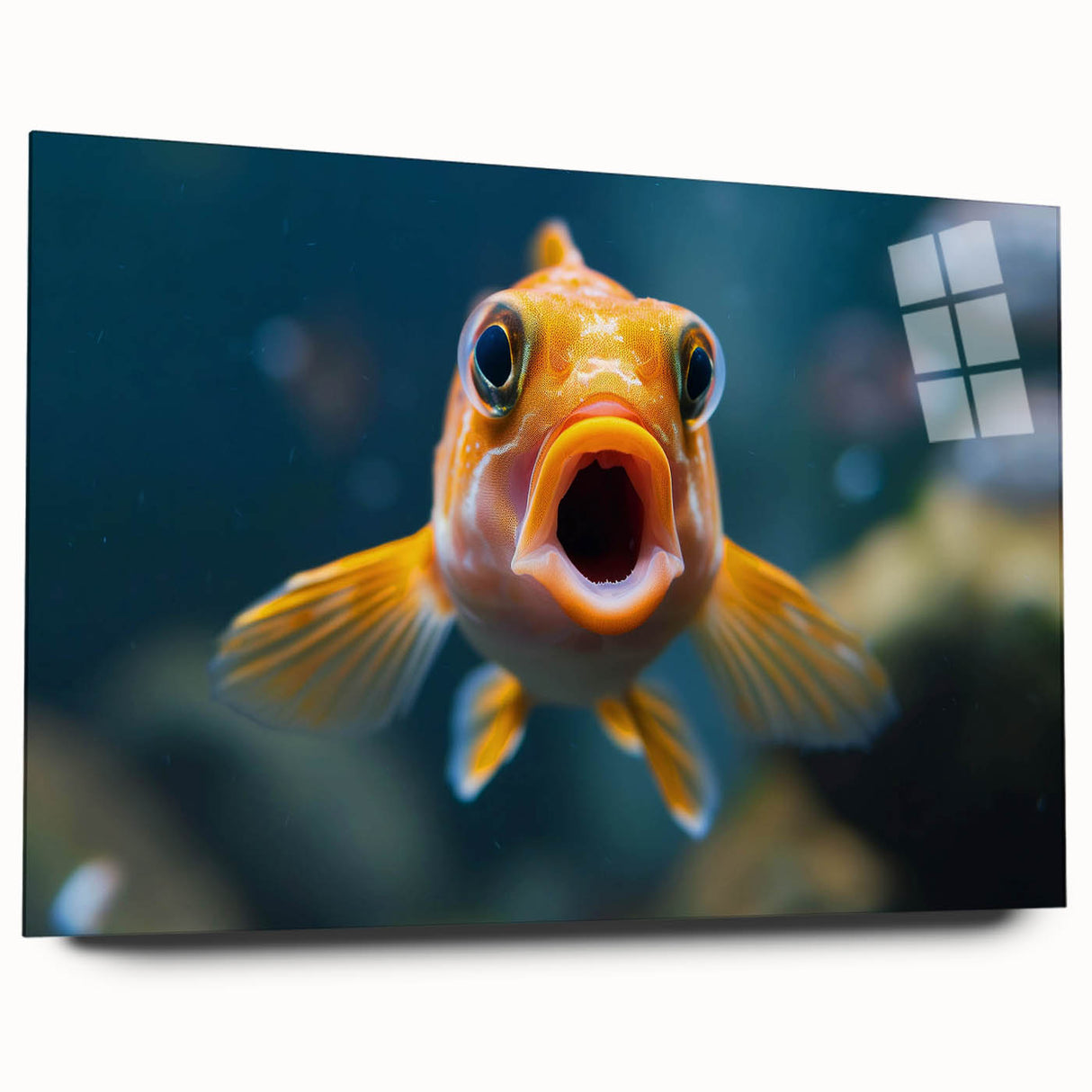 Side view of a vibrant marine life wall art design featuring colorful fish, displayed on acrylic glass, perfect for enhancing aquatic-themed decor. Ideal for ocean lovers and interior design enthusiasts.