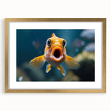 Framed wall art featuring a vibrant marine life fish design with gold accents, set in a sleek mat with a front view showcasing intricate details. Ideal for ocean-themed decor.