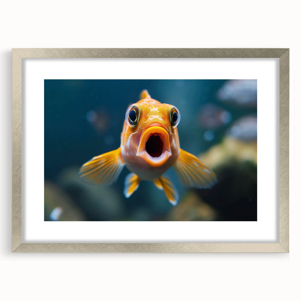 Framed marine life wall art featuring a vibrant fish design with a silver mat, ideal for ocean-themed decor in living spaces or offices.