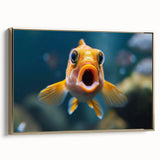 Framed canvas wall art showcasing a vibrant marine life fish design with gold accents, perfect for adding a touch of elegance to coastal-themed decor. Ideal for ocean lovers and modern interiors.