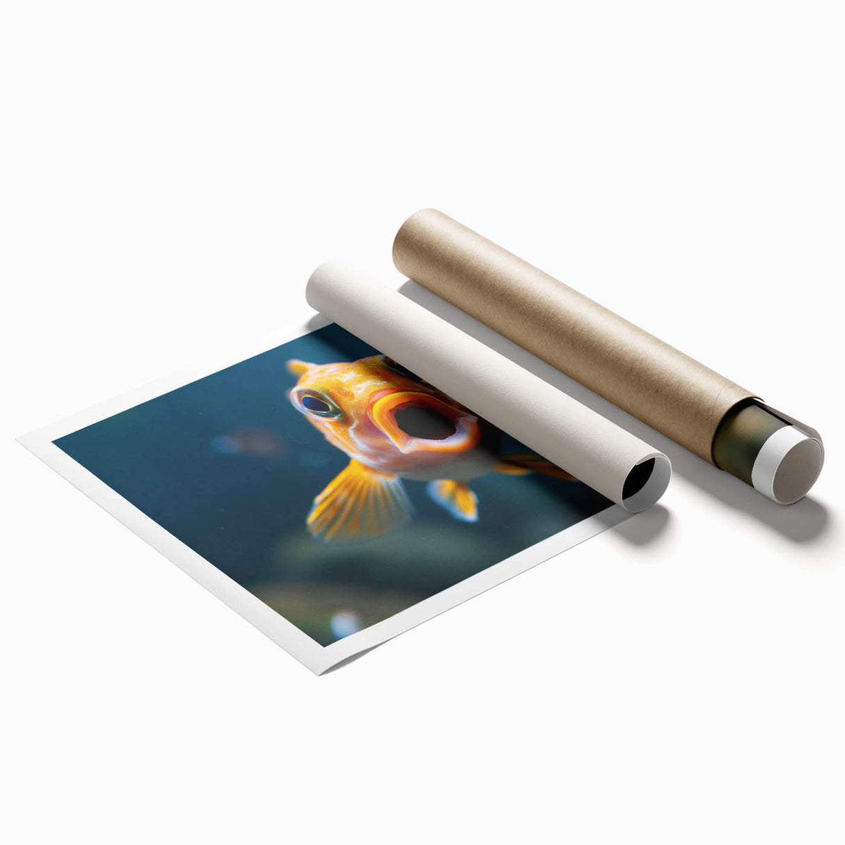 Vibrant marine life wall art featuring a colorful fish design on a rolled print, ideal for ocean-themed decor, showcasing intricate details and vivid colors.