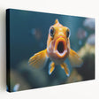 Stretched canvas wall art featuring a vibrant marine life fish design, showcasing colorful fish swimming amidst coral, ideal for ocean-themed decor.