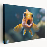 Stretched canvas wall art featuring a vibrant marine life fish design, showcasing colorful fish swimming amidst coral, ideal for ocean-themed decor.